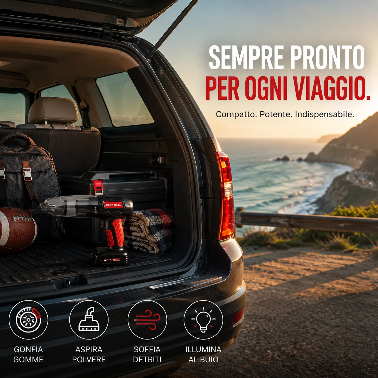 Aspirapolvere portatile auto 4 in 1 compressore gonfiatore soffiatore torcia LED wireless - immagine 3