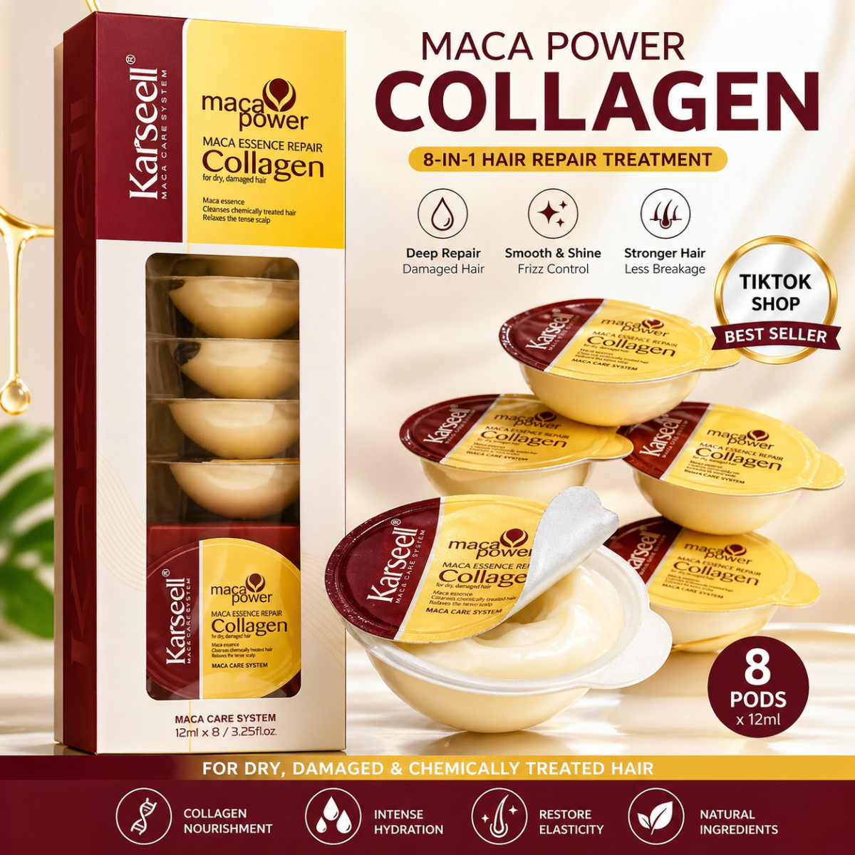 Karseell MACA CARE SYSTEM Maschera Capelli Collagene Monodose 12mlx8 – Riparazione Intensa, Anti Crespo, Idratazione Profonda Capelli Secchi e Danneggiati – Effetto Lucente Professionale - immagine 5