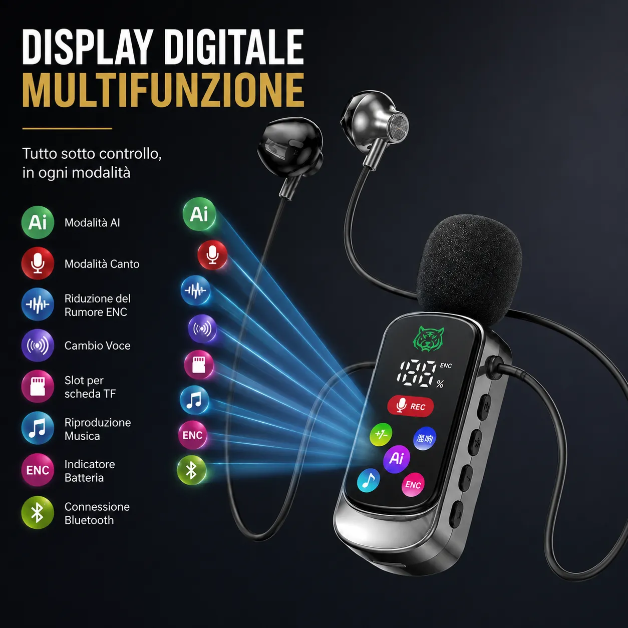Microphone karaoké Bluetooth 5.4 à clips intra-auriculaires avec écouteurs intégrés, réduction du bruit ENC, correction d’écho, support de la carte TF, écran LED, pour le streaming en direct, l’enregistrement, le gaming et le chant - immagine 8
