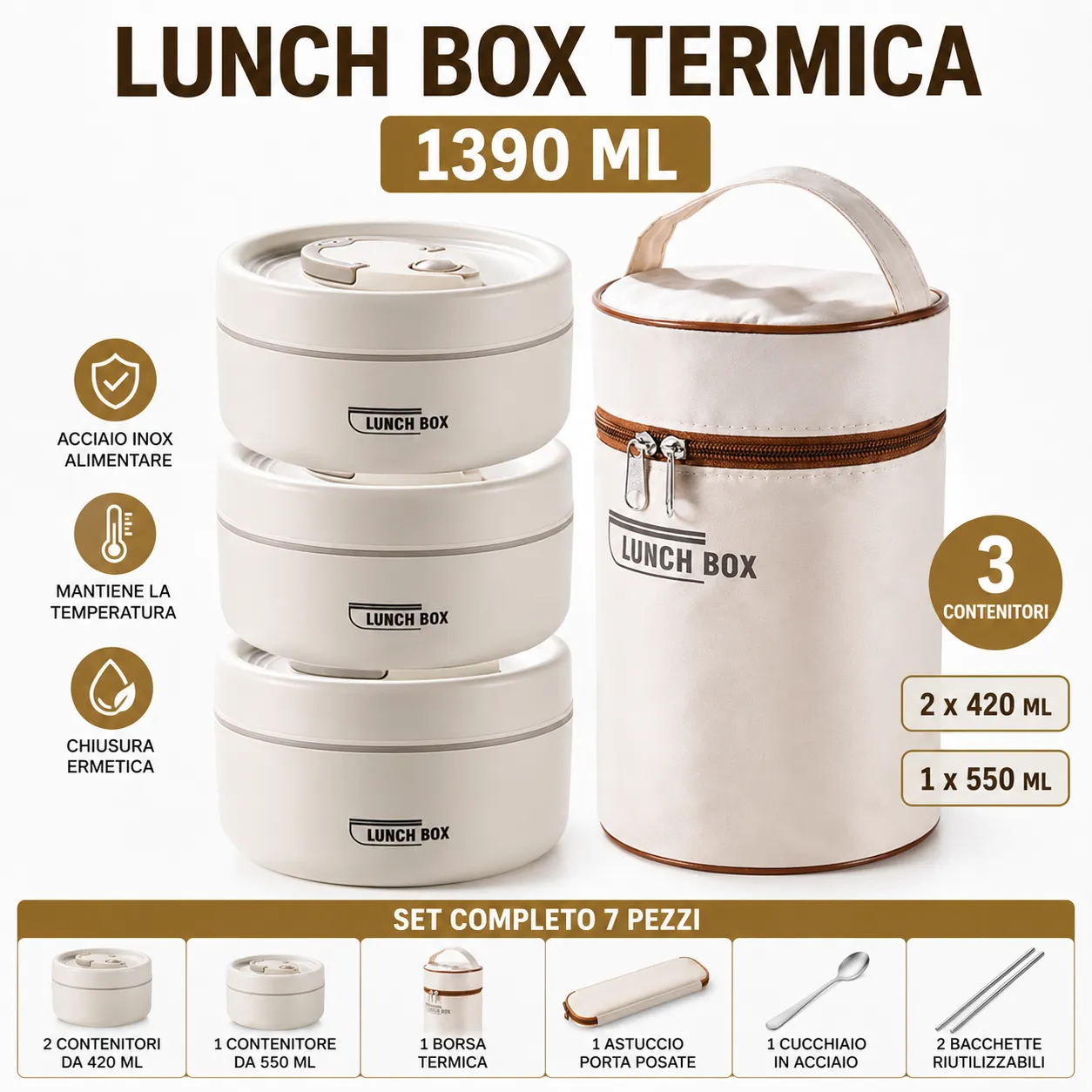 Lunch Box Termica Isotermica 1390 ML con 3 Contenitori in Acciaio Inox e Borsa Termica – Porta Pranzo con Cucchiaio e Bacchette per Ufficio, Scuola, Viaggi e Meal Prep