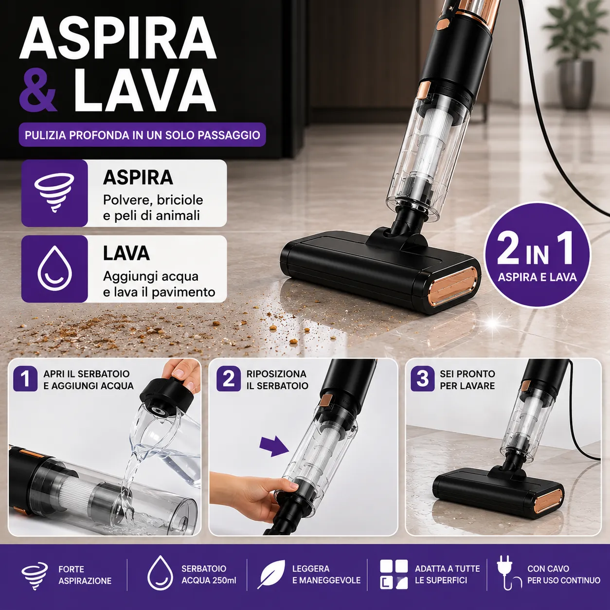 Scopa Elettrica Aspirapolvere con Filo Aspira e Lava 2 in 1 Portatile Mop con Serbatoio Acqua - immagine 2