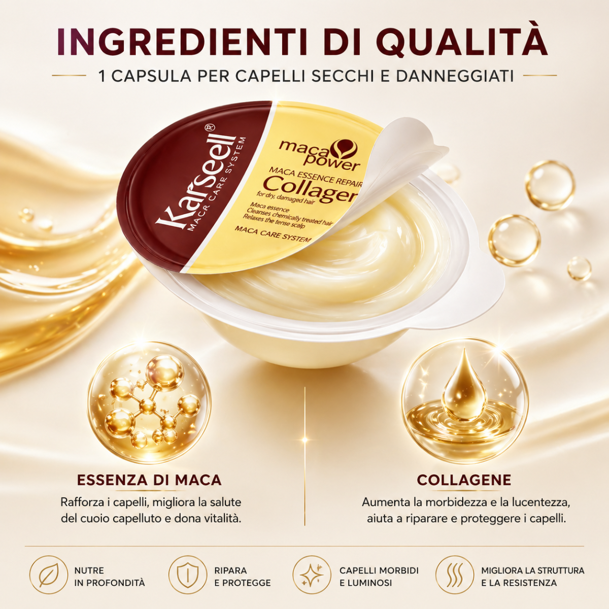 Karseell MACA CARE SYSTEM Maschera Capelli Collagene Monodose 12mlx8 – Riparazione Intensa, Anti Crespo, Idratazione Profonda Capelli Secchi e Danneggiati – Effetto Lucente Professionale - immagine 4