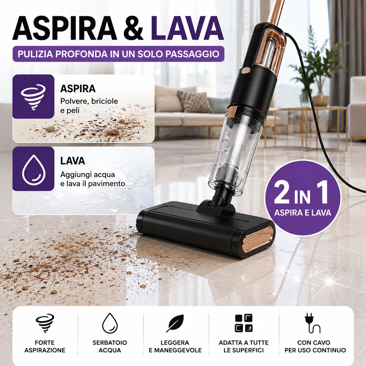 Scopa Elettrica Aspirapolvere con Filo Aspira e Lava 2 in 1 Portatile Mop con Serbatoio Acqua - immagine 3