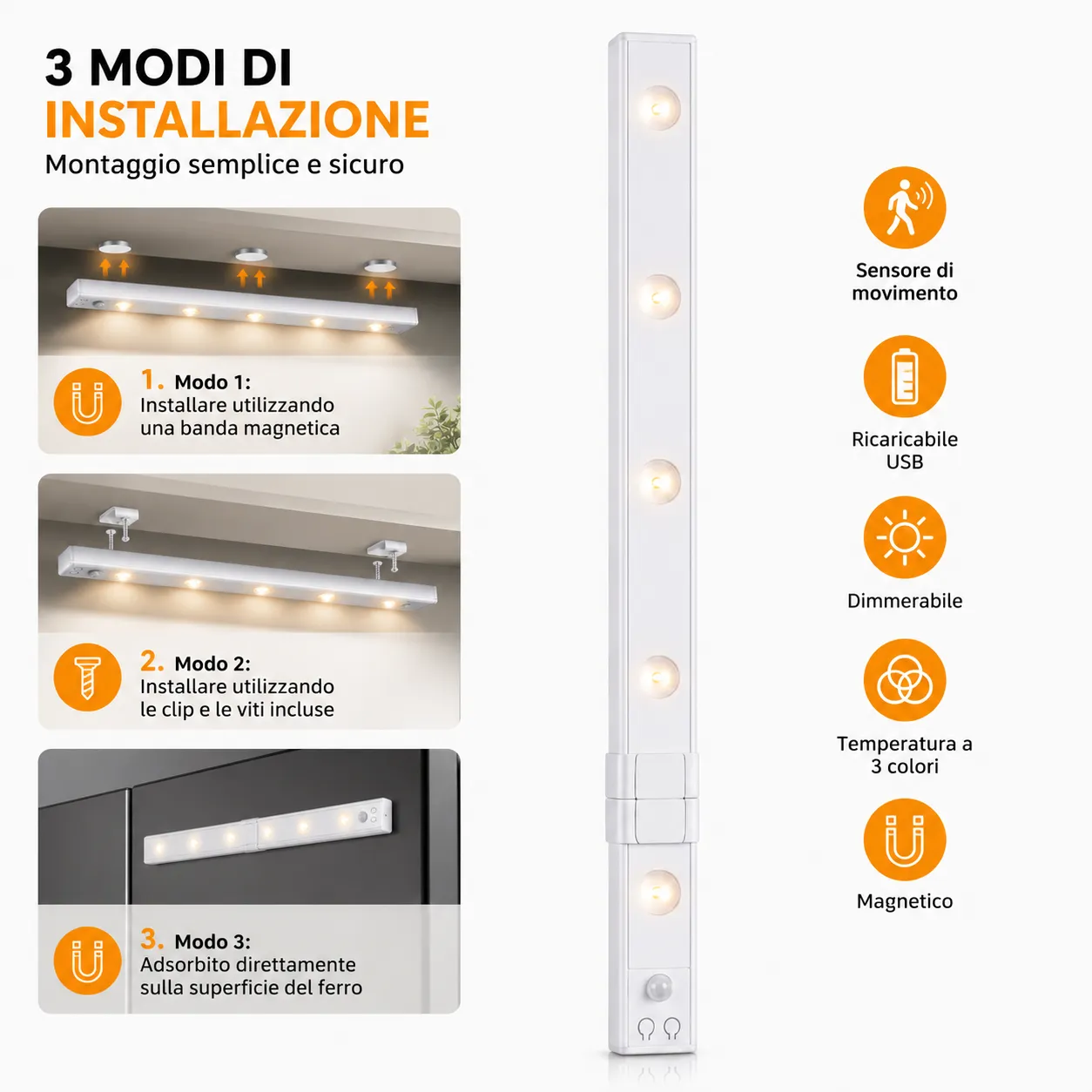 Luce LED Sottopensile 60 cm Ricaricabile con Sensore di Movimento - immagine 4