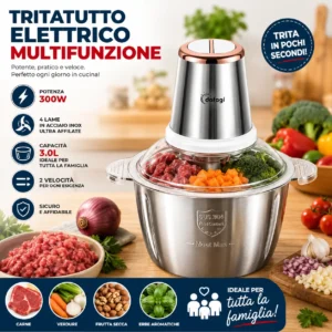 Coupe-aliments multifonction électrique 300W 3L en acier inoxydable – 4 lames – 2 vitesses – Batteur de cuisson pour viande, légumes, fruits secs et pesto