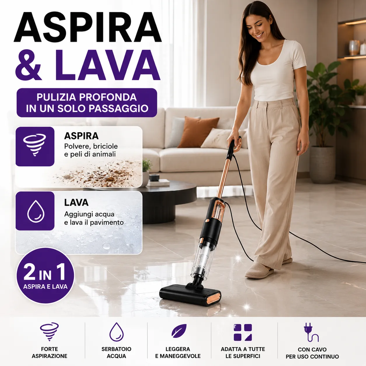Scopa Elettrica Aspirapolvere con Filo Aspira e Lava 2 in 1 Portatile Mop con Serbatoio Acqua - immagine 4