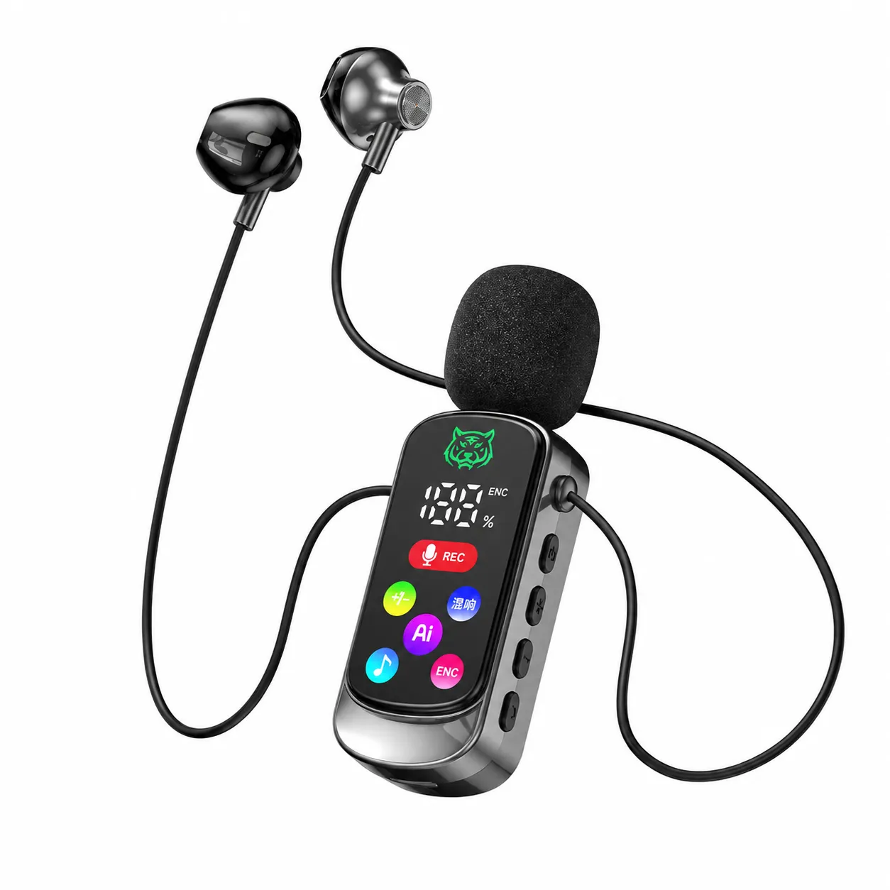Microphone karaoké Bluetooth 5.4 à clips intra-auriculaires avec écouteurs intégrés, réduction du bruit ENC, correction d’écho, support de la carte TF, écran LED, pour le streaming en direct, l’enregistrement, le gaming et le chant