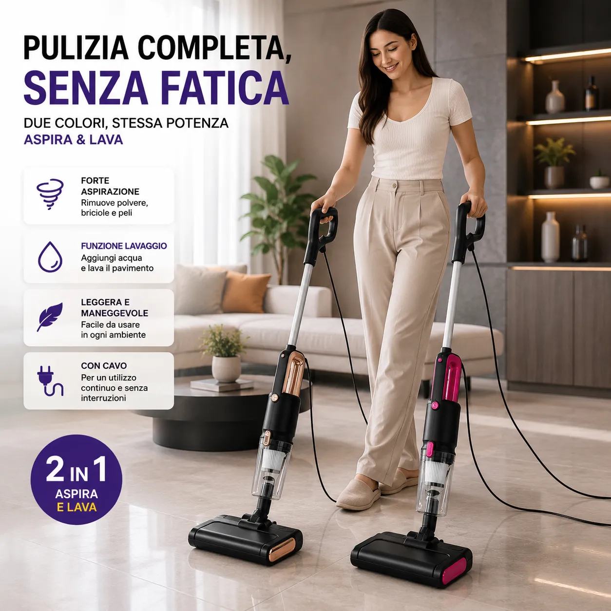 Scopa Elettrica Aspirapolvere con Filo Aspira e Lava 2 in 1 Portatile Mop con Serbatoio Acqua - immagine 6