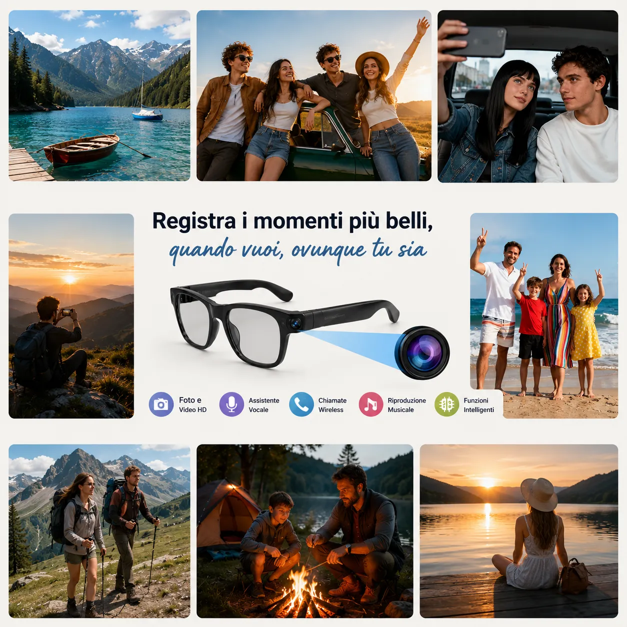 Occhiali Smart AI con Telecamera HD 8MP, Assistente Vocale, Bluetooth 5.4, Foto e Video, Speaker Integrati, Touch Control, USB-C - immagine 6