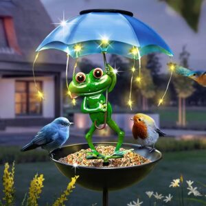 Mangiatoia per Uccelli Solare con Rana Decorativa e Ombrellino LED – Luce Automatica a Energia Solare – Decorazione da Giardino, Balcone e Terrazza – Altezza 84 cm