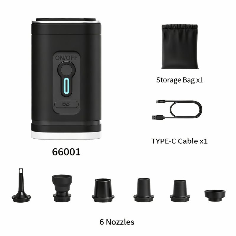 Pompa d'Aria Elettrica Portatile Wireless con Batteria Ricaricabile 1200 mAh – Mini Compressore per Materassi, Piscine, Gommoni e Campeggio con Luce LED e 5 Ugelli - immagine 7