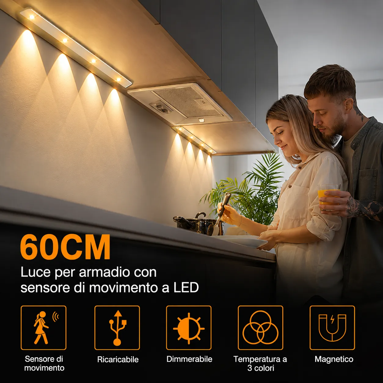 Luce LED Sottopensile 60 cm Ricaricabile con Sensore di Movimento - immagine 3