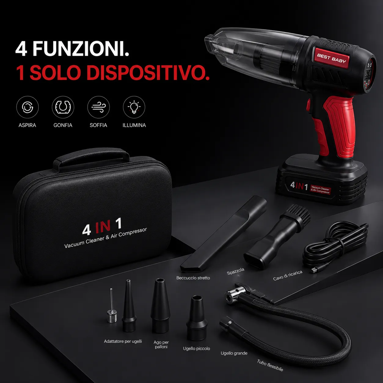 Aspirapolvere portatile auto 4 in 1 compressore gonfiatore soffiatore torcia LED wireless - immagine 7