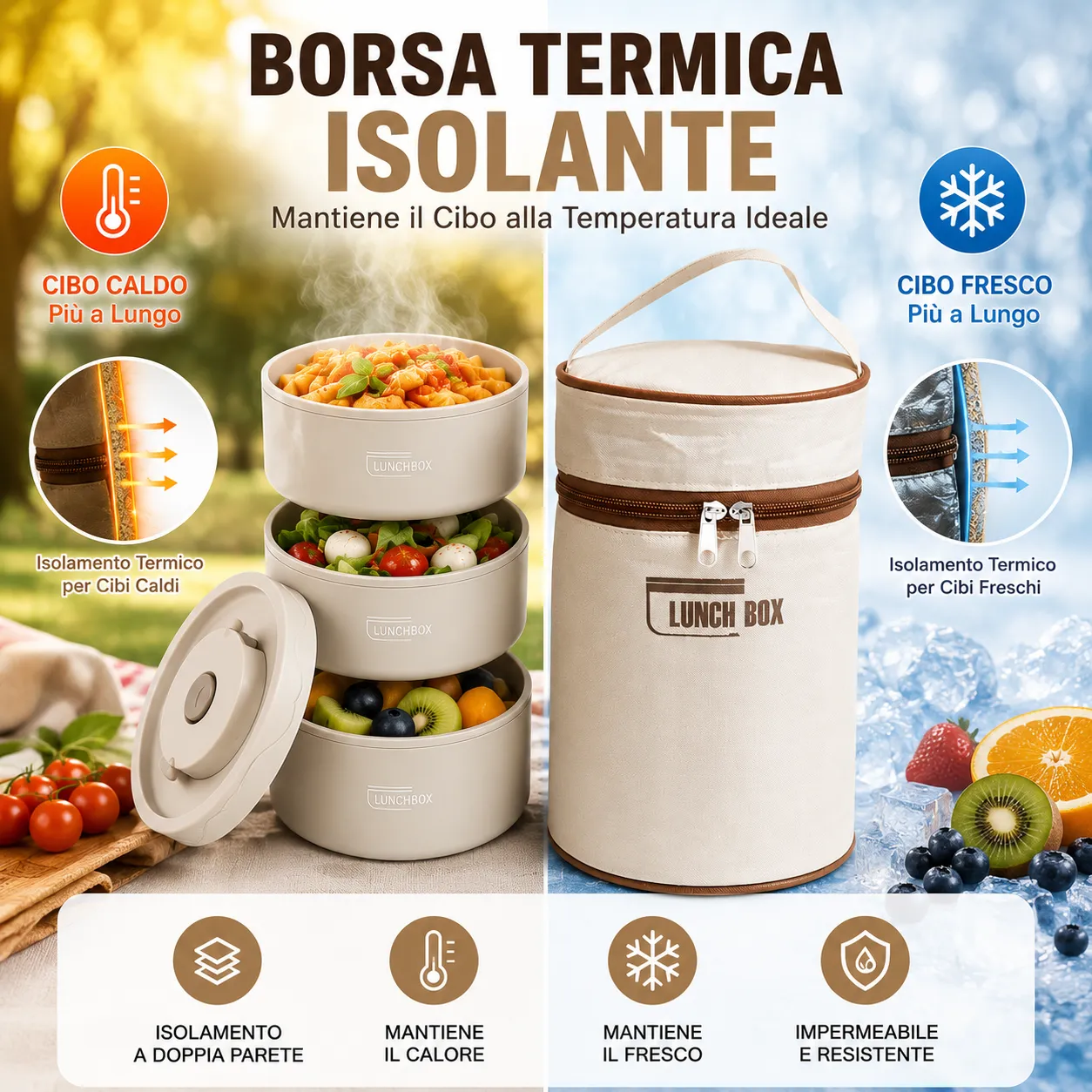 Lunch Box Termica Isotermica 1390 ML con 3 Contenitori in Acciaio Inox e Borsa Termica – Porta Pranzo con Cucchiaio e Bacchette per Ufficio, Scuola, Viaggi e Meal Prep - immagine 4