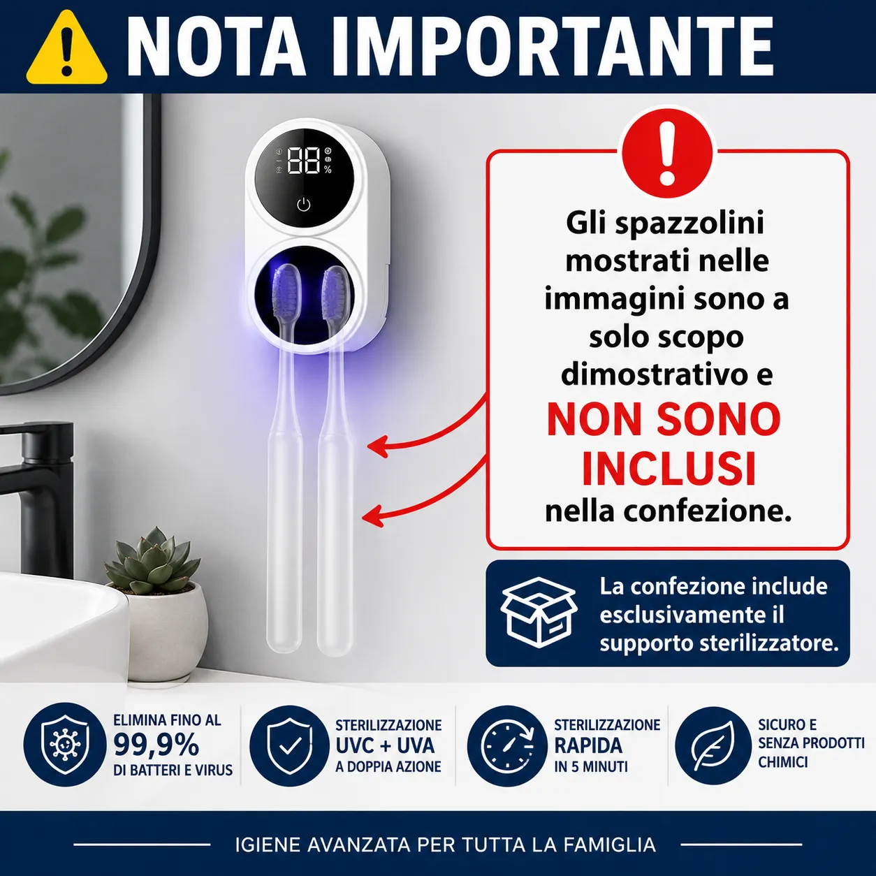 Sterilizzatore UV per Spazzolini da Denti con Display LED – Disinfezione Automatica 24/7, Sensore Infrarossi - immagine 5
