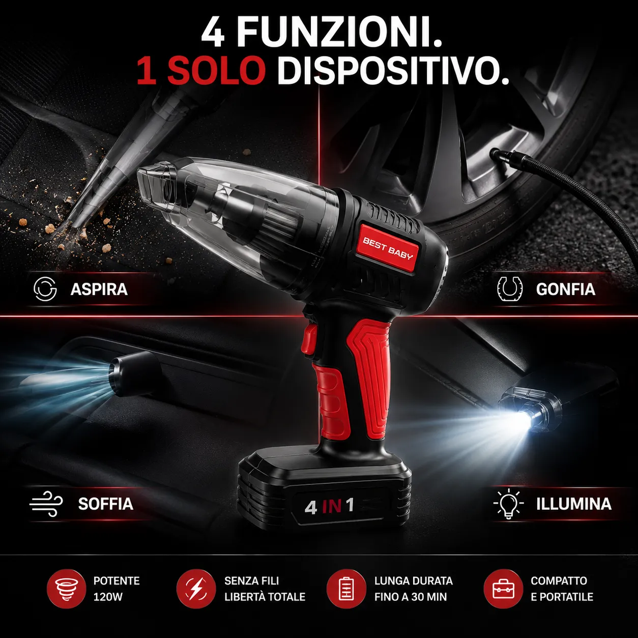 Aspirapolvere portatile auto 4 in 1 compressore gonfiatore soffiatore torcia LED wireless - immagine 2