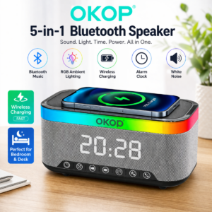 Speaker Bluetooth 5 in 1 con Ricarica Wireless Qi OKOP KP-559 , Sveglia Digitale LED, Luce RGB e White Noise – Vivavoce HD e Design Moderno