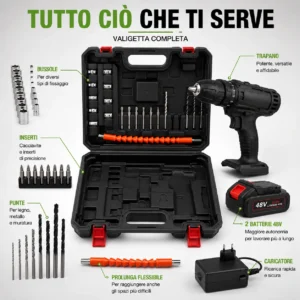 Trapano Avvitatore a Batteria 48V con Percussione – Kit Completo con 2 Batterie e Valigetta