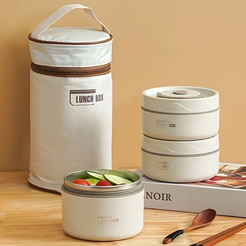 Lunch Box Termica Isotermica 1390 ML con 3 Contenitori in Acciaio Inox e Borsa Termica – Porta Pranzo con Cucchiaio e Bacchette per Ufficio, Scuola, Viaggi e Meal Prep - immagine 3